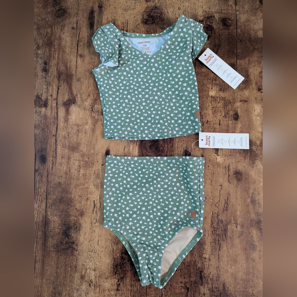 Kids Green and White Flower Bikini Set with Ruffled Straps
